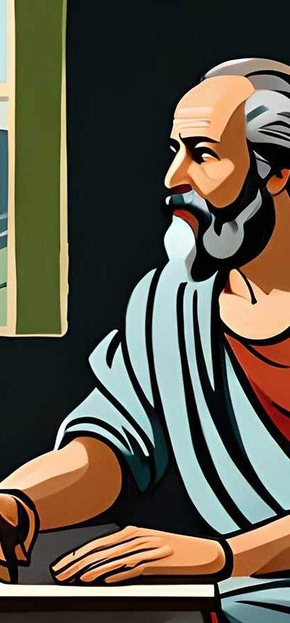 Socrates sitting at a table by blue willow ai