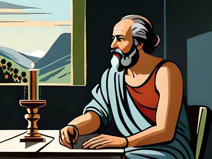 نمایی از سقراط در پشت میز به‌صورت نقاشی‌ شده توسط ماشین هوش مصنوعی Blue Willow